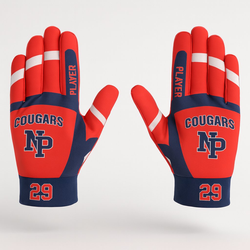 14729 New Prairie Football Gloves — custom sublimated men’s & boys football gloves uniform design by Powertek Athletic