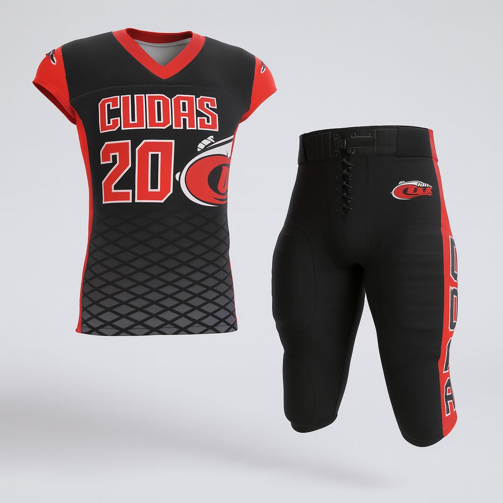 16184 Cuda Pop Warner Football Uniforms Page 1 — custom sublimated men’s & boys football uniform sets uniform design by Powertek Athletic
