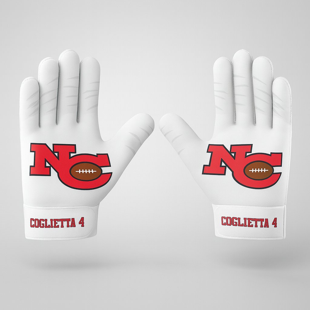 18004 New Canaan Football Gloves — custom sublimated men’s & boys football gloves uniform design by Powertek Athletic