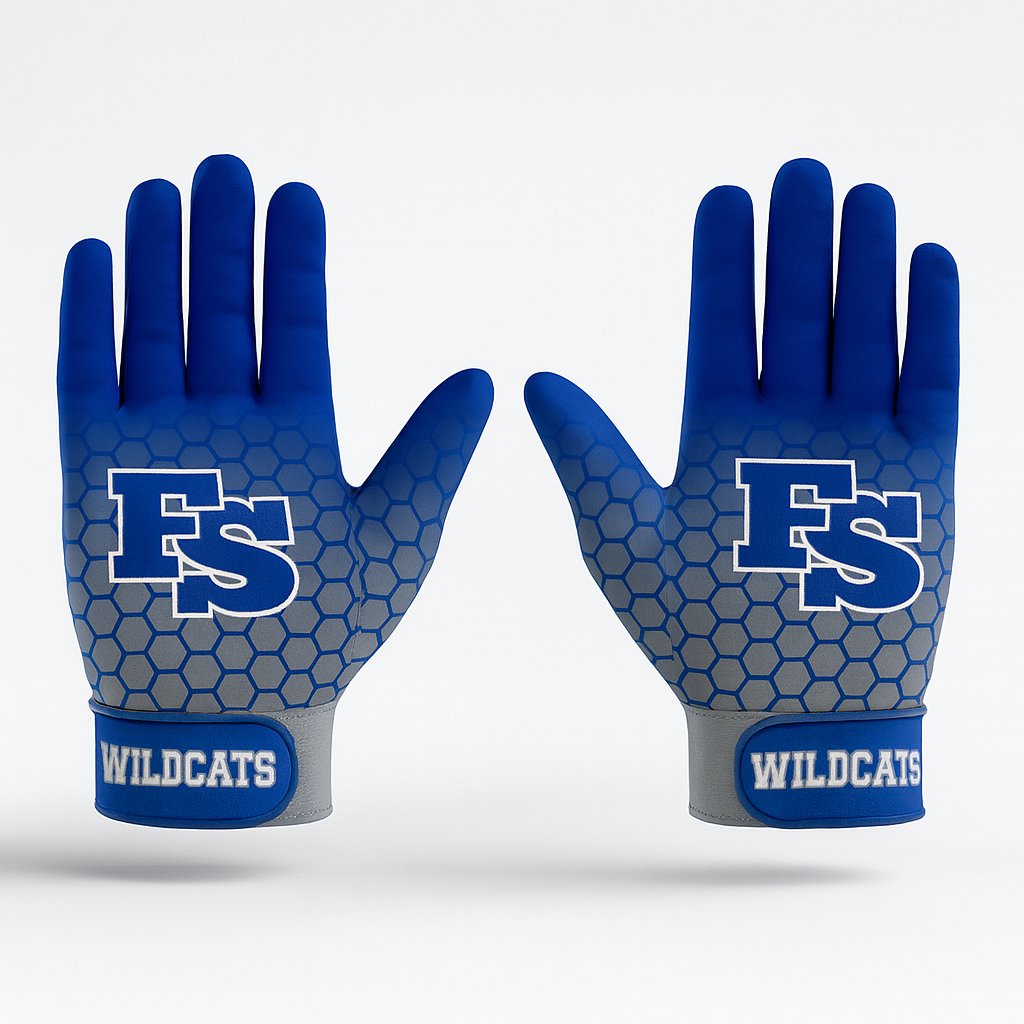 18234 Wildcats Football Gloves — custom sublimated men’s & boys football gloves uniform design by Powertek Athletic