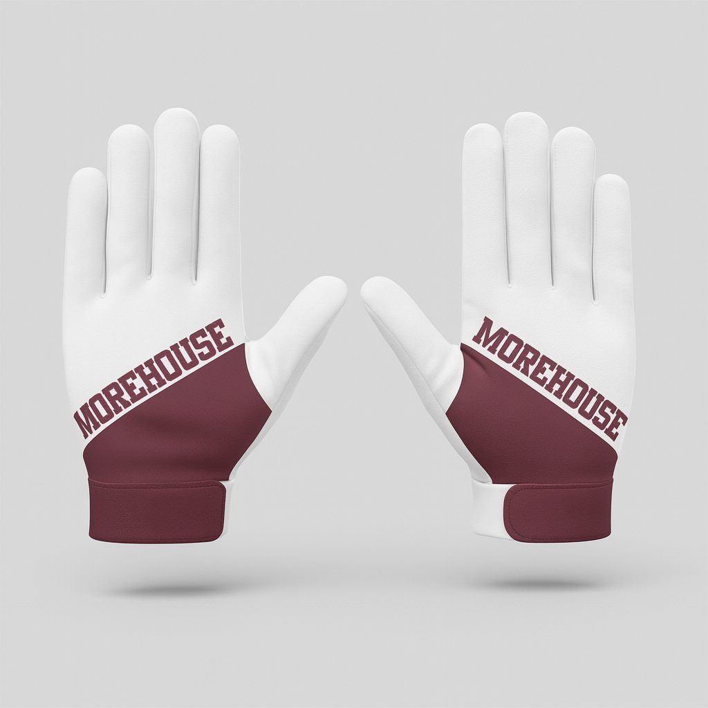 20512 Morehouse Football Gloves — custom sublimated men’s & boys football gloves uniform design by Powertek Athletic