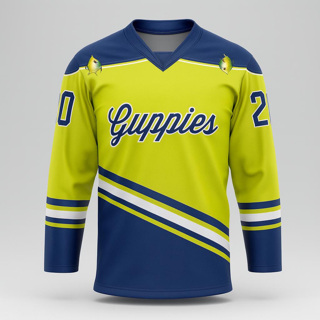 16532 Guppies Hockey — custom sublimated men’s & boys lacrosse box jerseys uniform design by Powertek Athletic