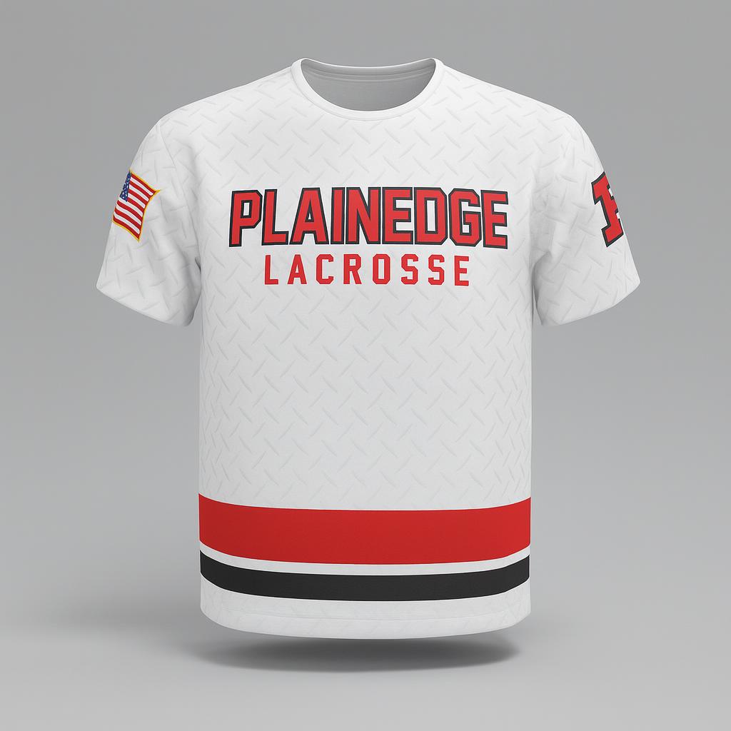 19761 Plainedge Lacrosse Shooter — custom sublimated men’s & boys lacrosse tees uniform design by Powertek Athletic