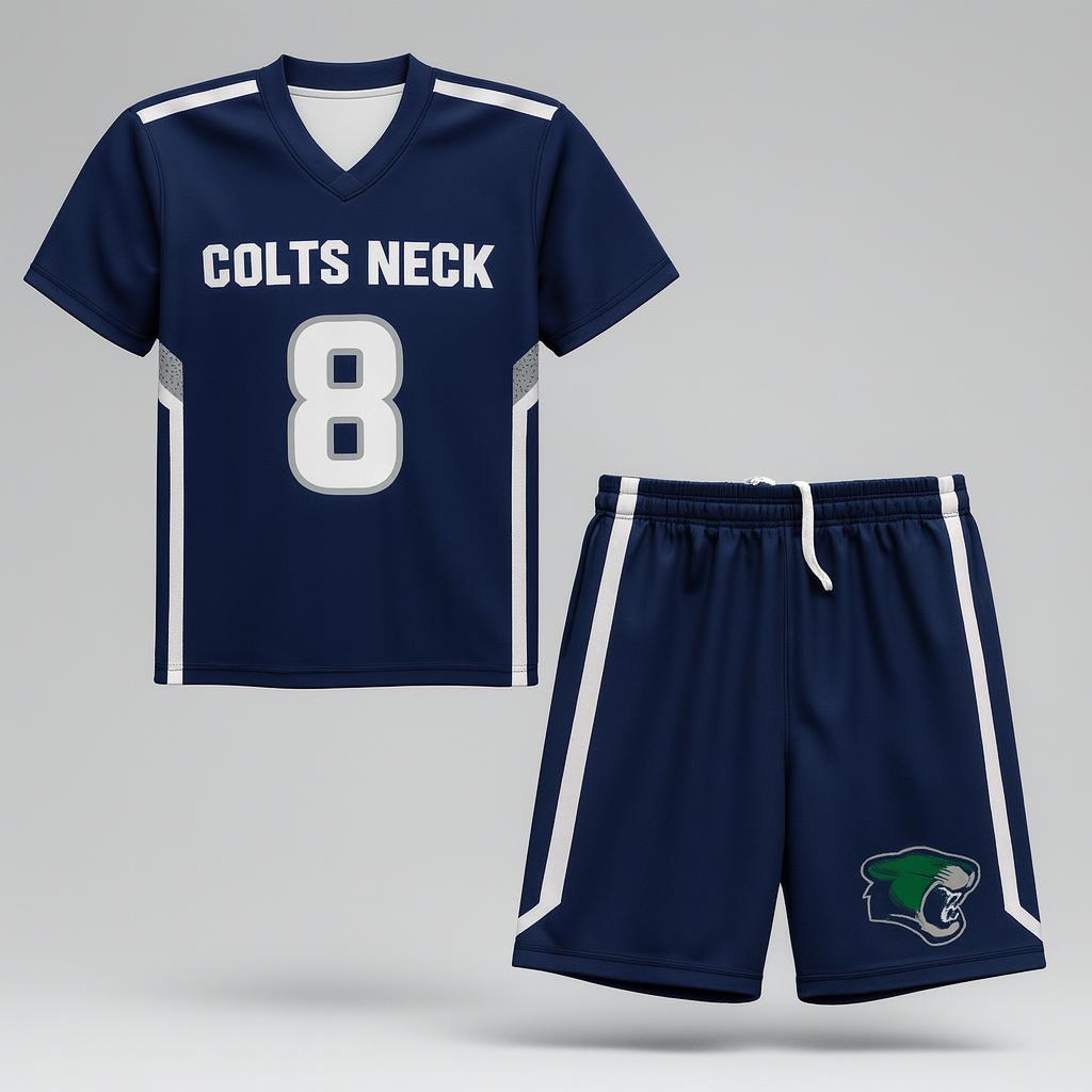 20226 Colts Neck 2022 Lacrosse Uniforms — custom sublimated men’s & boys lacrosse uniform sets uniform design by Powertek Athletic
