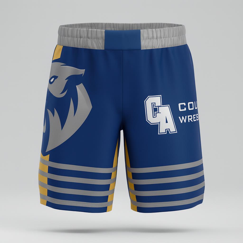 15862 Cougar Wrestling Sales Samples Page 1 — custom sublimated men’s & boys wrestling fight shorts uniform design by Powertek Athletic