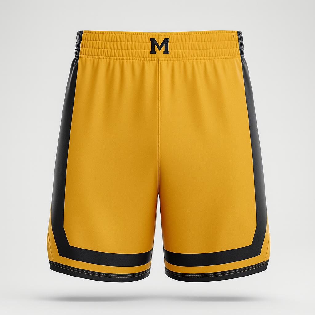 18682 M Black and Gold Shorts — custom sublimated men’s & boys wrestling fight shorts uniform design by Powertek Athletic