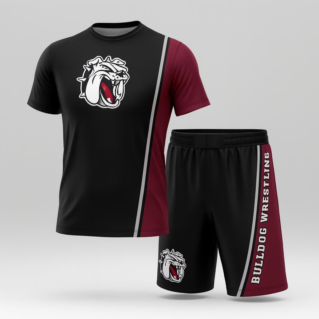 18704 Bullsdogs Wrestling — custom sublimated men’s & boys wrestling uniform sets uniform design by Powertek Athletic