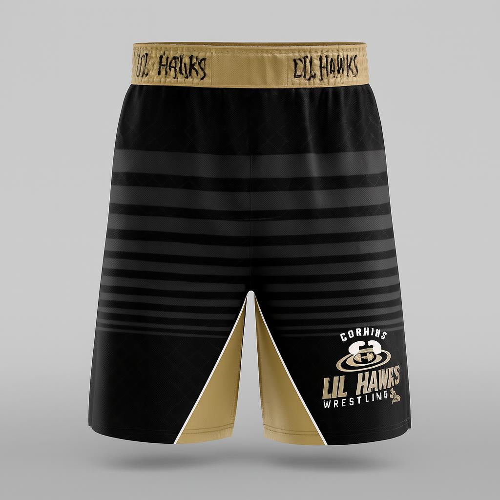 18802 Corning Lil Hawks Wrestling — custom sublimated men’s & boys wrestling fight shorts uniform design by Powertek Athletic
